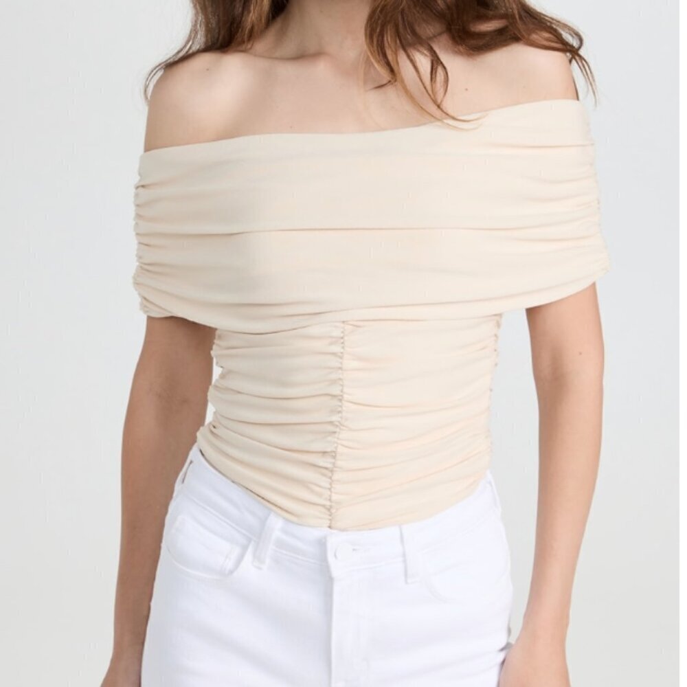 Pixie Market | Riva Ruched Off The Shoulder Top Crepe Jersey Beige Size M - Picture 2 of 12